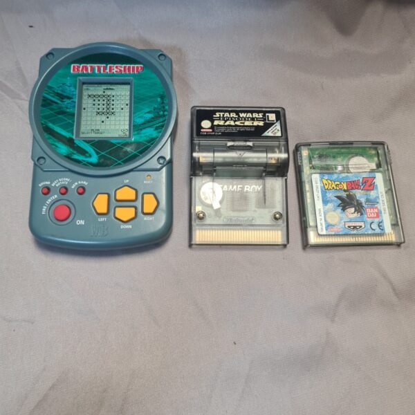 Retro Battleship Gameboy console with Dragon Ball Z and Star Wars cartridges.