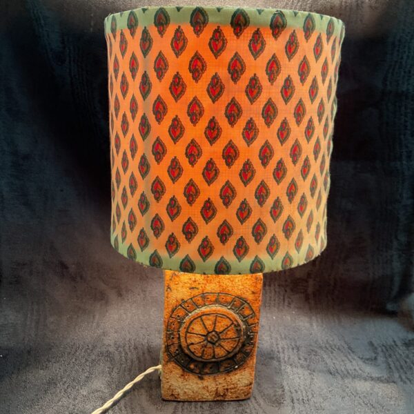 Vintage Bernard Rook stoneware lamp with patterned lampshade.