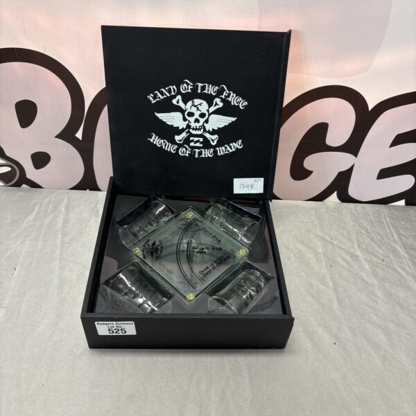 Bilabong Land of the Wade shot glass set with coasters displayed.