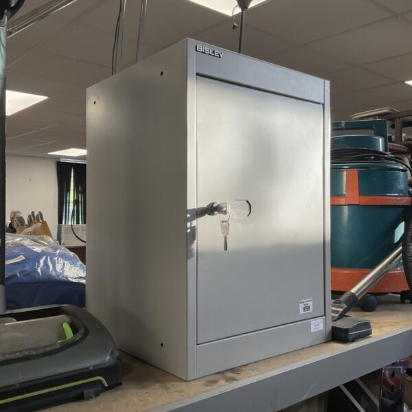 Grey Bisley metal cabinet with key for secure storage.