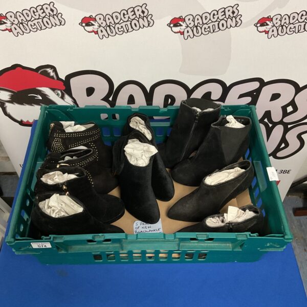Lot of five new black ankle boots, UK size 5.