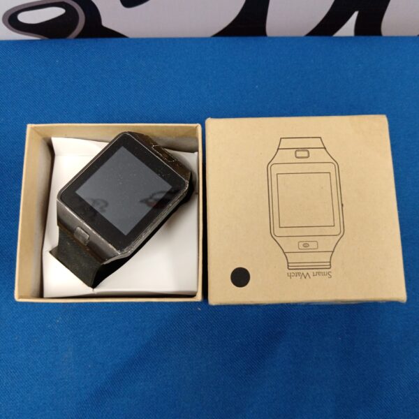 Black smart watch with digital display, front view.