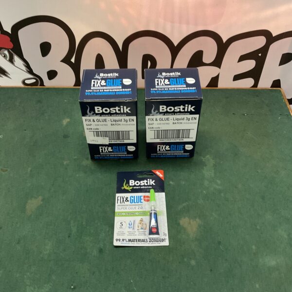Two boxes of Bostik Fix & Glue 3g superglue adhesive.