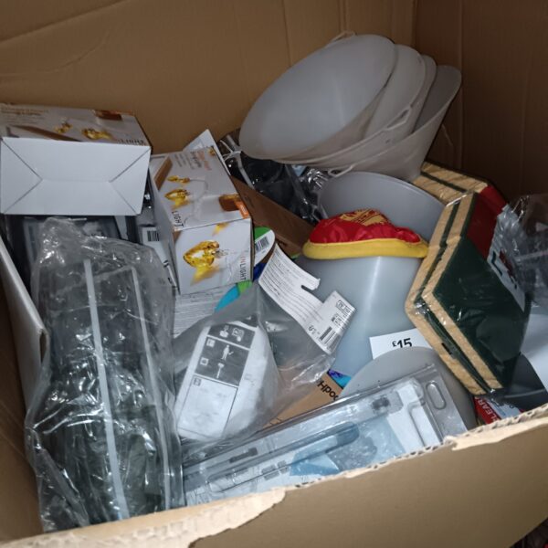 Large box of B&Q clearance items including string lights and frisbees.