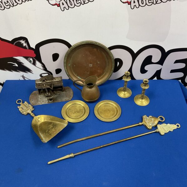 Vintage brass and copper fireplace tools and candlesticks lot.