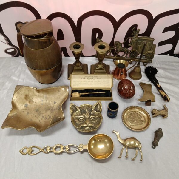 Vintage brass ware collection including a German coffee pot and railway dish.