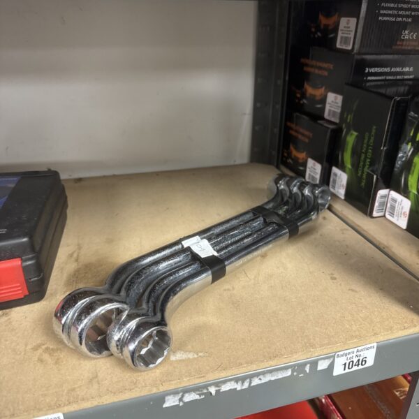 Set of four large vintage Britool spanners for workshop use.