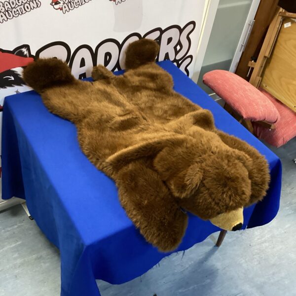Brown bear rug for children’s playroom, soft and decorative.