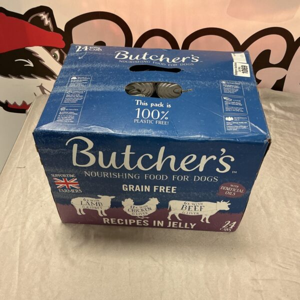 Box of 24 Butchers dog food cans, nourishing recipes.