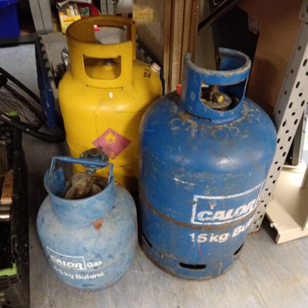 Lot of three empty Calor gas bottles for repurposing.