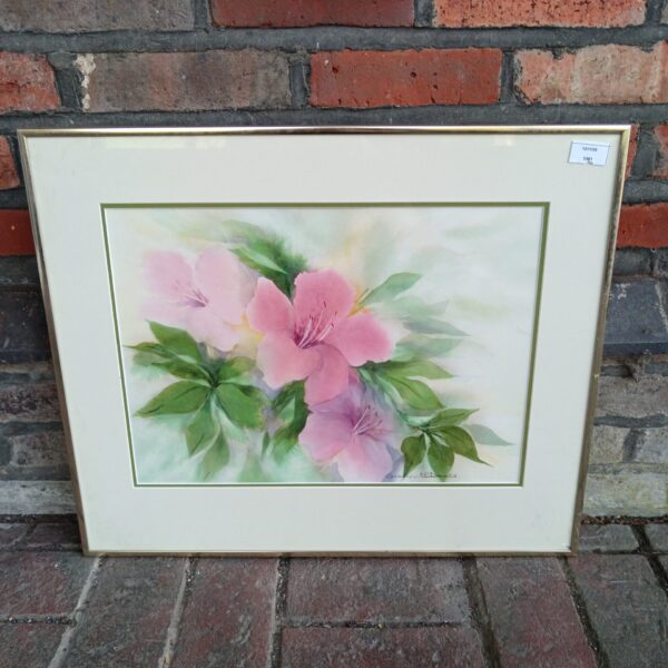 Delicate watercolour painting of a pink rhododendron by Caroline McDonald.
