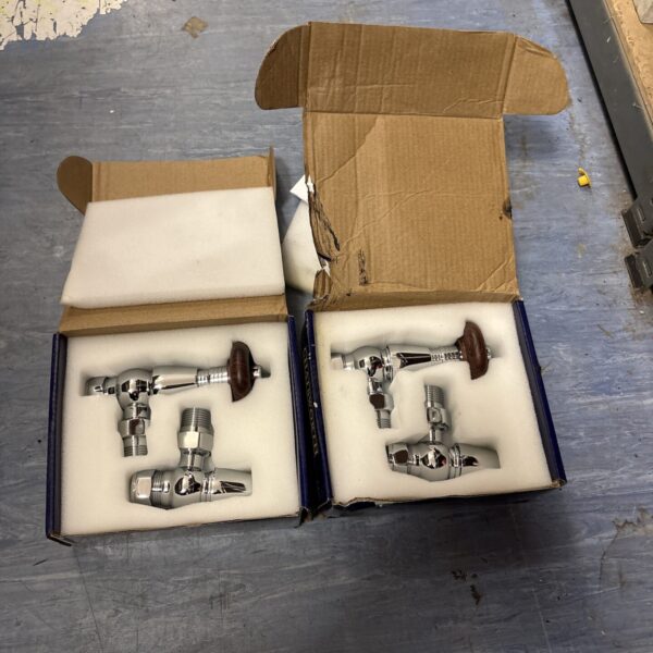 Pair of vintage Chatsworth angled thermostatic radiator valves.