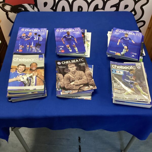 Vintage Chelsea football programs, a collectible sports memorabilia lot.