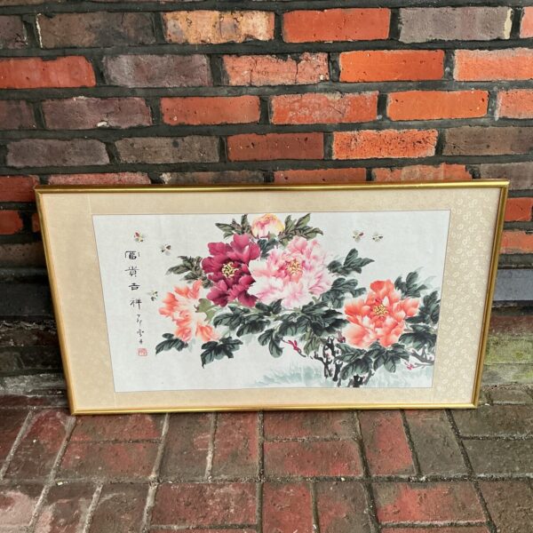 Vintage Chinese watercolour painting of flowers and bees.