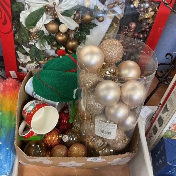Box of assorted vintage Christmas decorations and baubles.