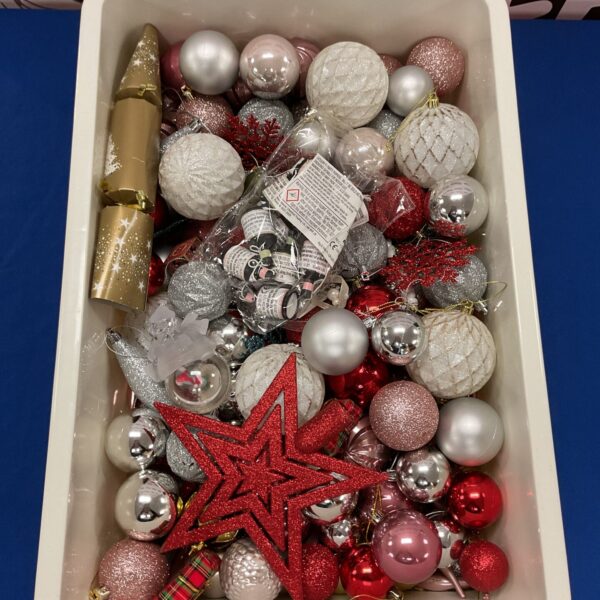 Assorted Christmas decorations in a box, festive holiday ornaments.