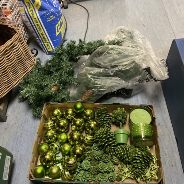 Christmas decorations bundle with baubles, garland and pine cones.