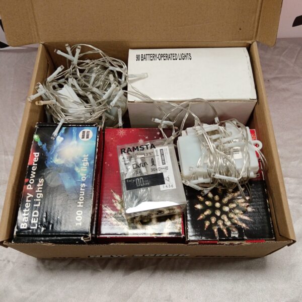 Box of 90 warm white battery operated Christmas lights.