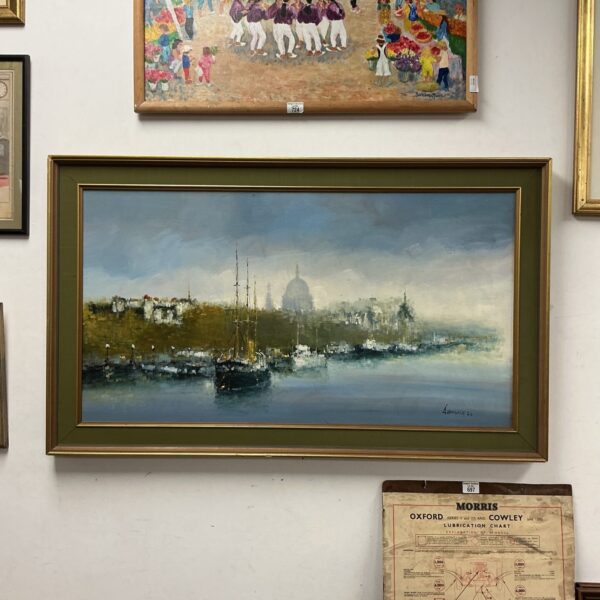 Vintage oil painting of a bustling harbour cityscape with boats.
