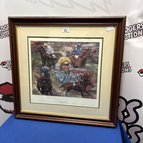 Signed Claire Eva Burton print of Willie Carson and Derby horses.