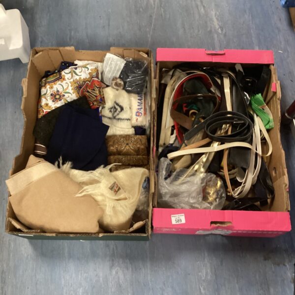 Mixed lot of clothing and accessories including scarves and hats.