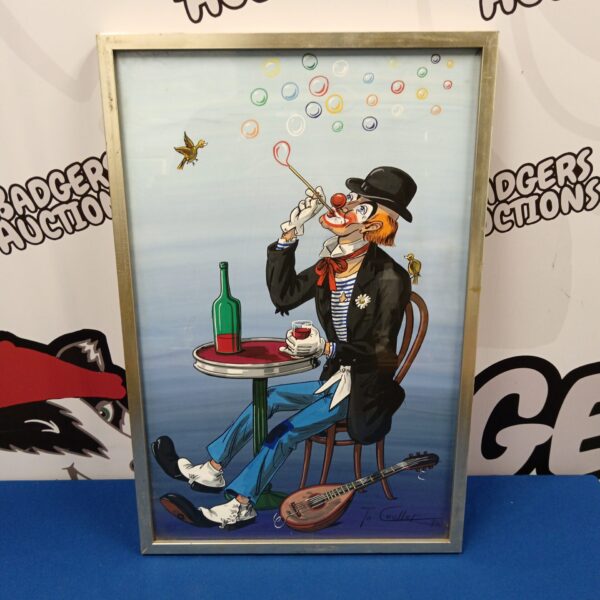 Vintage clown oil painting, a cheerful portrait signed t o coullet.