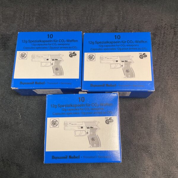 Three sealed boxes of 12g CO2 airgun capsules for powering airguns and airsoft guns.