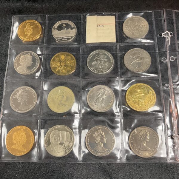 Overview of a commemorative coin collection in a display case.