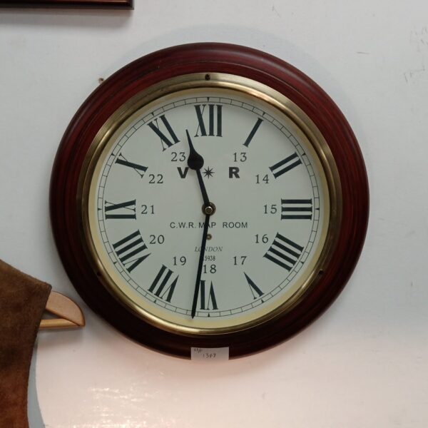 Vintage CWR Map Room wall clock with Roman numerals.