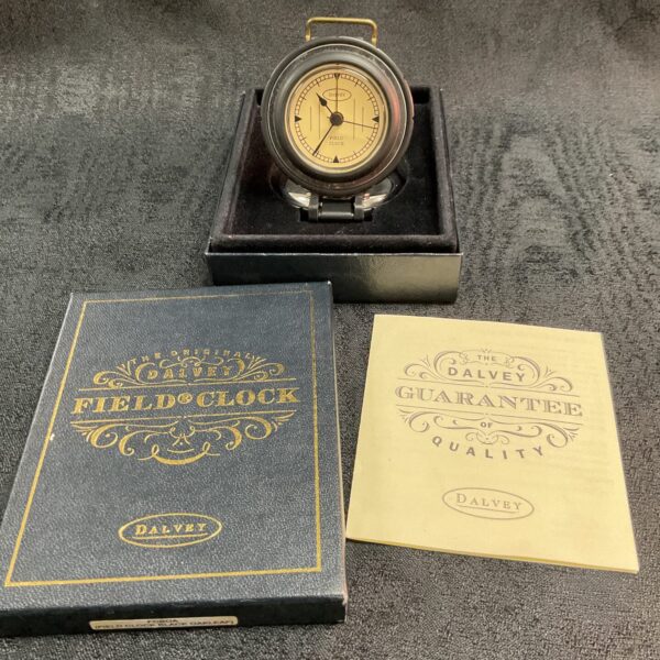 Vintage brass Dalvey field clock in original box.