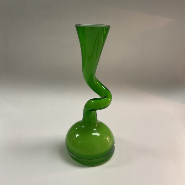 Vibrant green Danish glass twist vase, mid-century modern design.