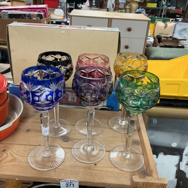 Six vintage decorative wine goblets with colourful glass.