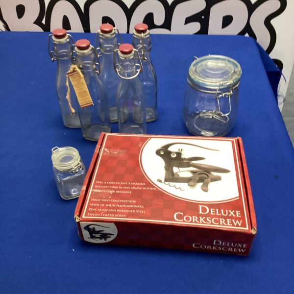 New deluxe corkscrew set with Kilner bottles and jars.