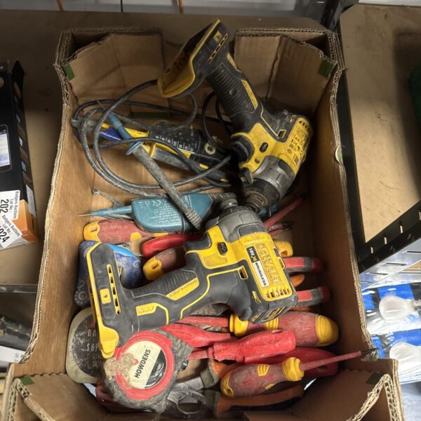 Dewalt 18V impact driver lot with tools and test meters.
