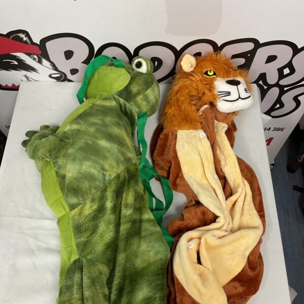 Front view of dinosaur and lion onesies for kids.