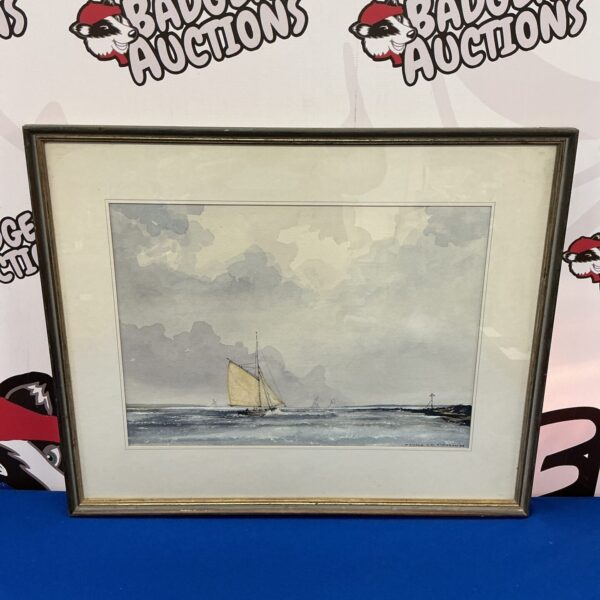 Watercolour painting of a Thanet shrimper boat at sea by Donald H M Simpson.