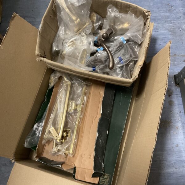 Vintage door and window furniture lot with brass handles and fittings.