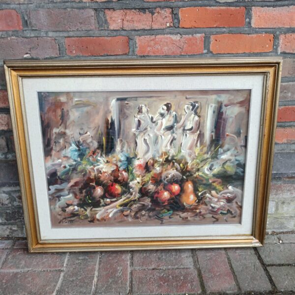 Ducas Sachinis still life oil painting with fruit and sculptures.