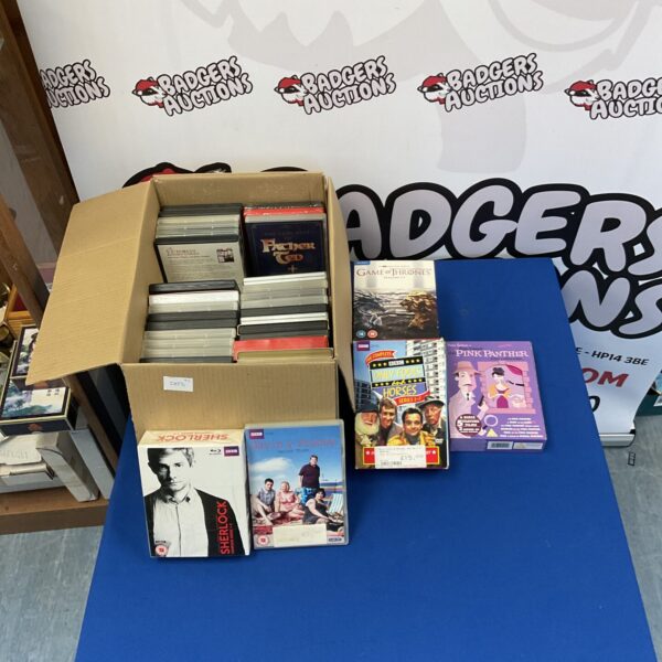 DVD box sets including Pink Panther, Game of Thrones, and Sherlock series.