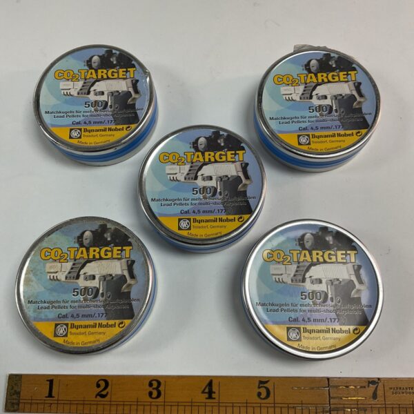 Sealed tins of Dynamil Nobel Target .177 airgun pellets for accurate shooting.