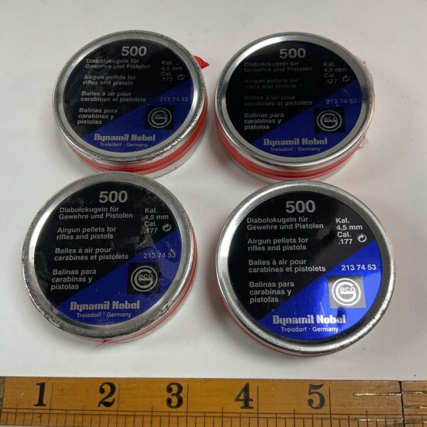 Sealed tins of vintage Dynamit Nobel .177 air gun pellets.