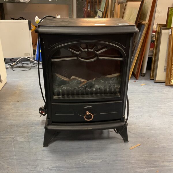 Freestanding electric fireplace with wood burner style design.