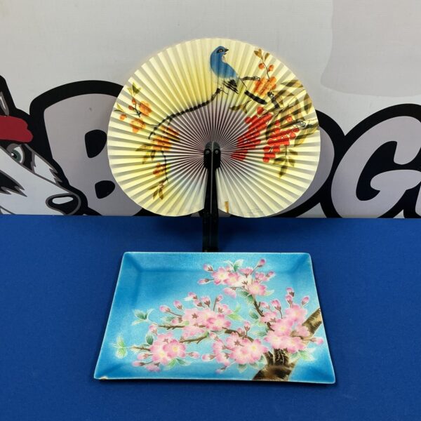 Vintage enamelled tray and hand fan with blossom tree design.