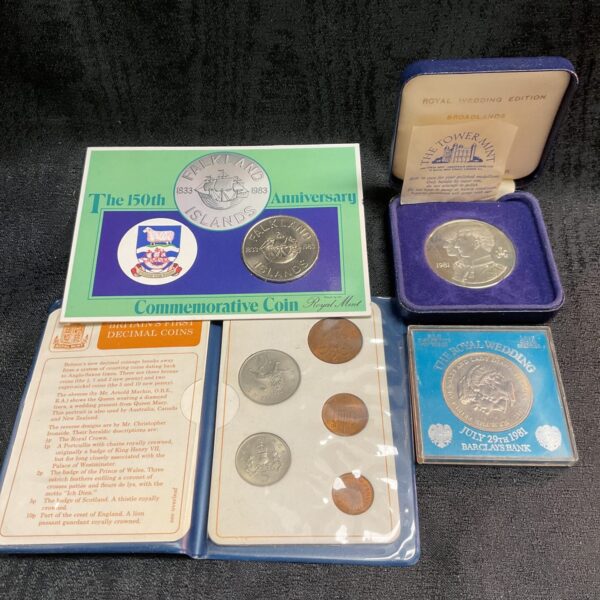 Falkland Islands commemorative coin collection in original packaging.