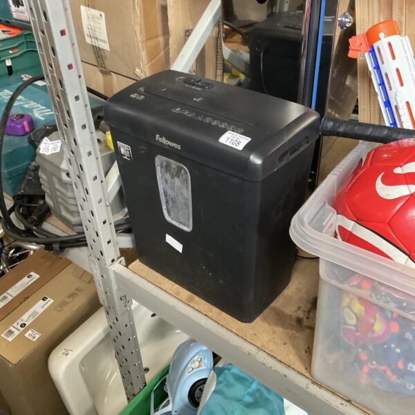 Black Fellowes paper shredder for secure document destruction.