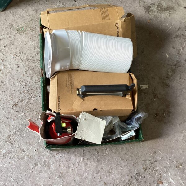 Mixed lot of fire extinguisher, chimney starter, and charcoal for garden and DIY.