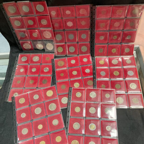 Close-up of a folder containing a diverse foreign coin collection.