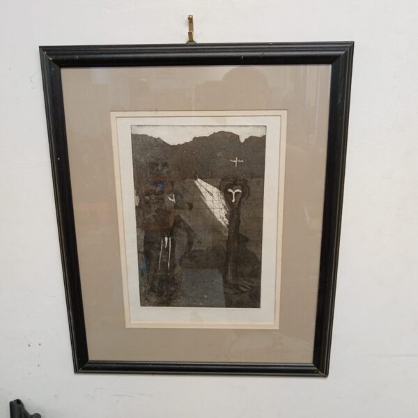 Antique framed etching of a mystical scene with figures.