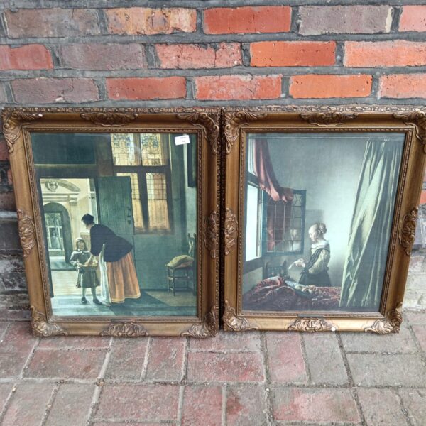 Framed Peter de Hooch print of a boy with pomegranates, vintage style.