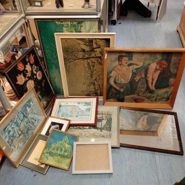 Large lot of vintage framed prints for wall decor.